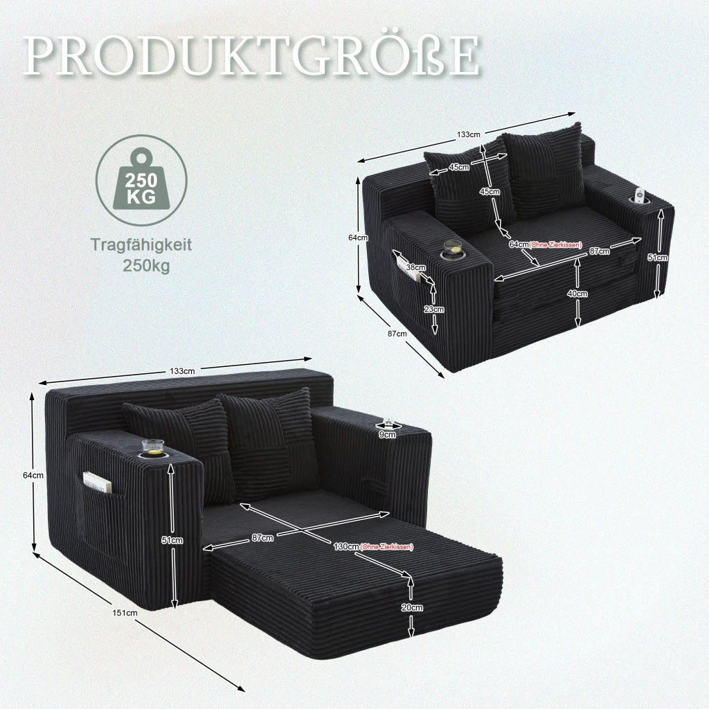 Pouf divano in velluto a coste nero 151x133x64 cm con tasche laterali e 2 cuscini