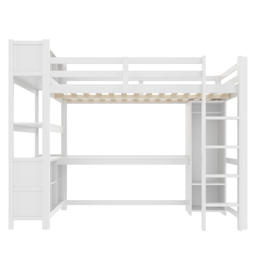 DESMIU Letto a soppalco 140 × 200 cm 2 posti con scrivania, ripiani, armadio e senza materasso, in pino, bianco