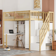 OKWISH Letto a Soppalco 90×200 cm, Letto Singolo con Scala con Cassetti, Armadio, Scrivania e Mensole, senza Materasso, Legno