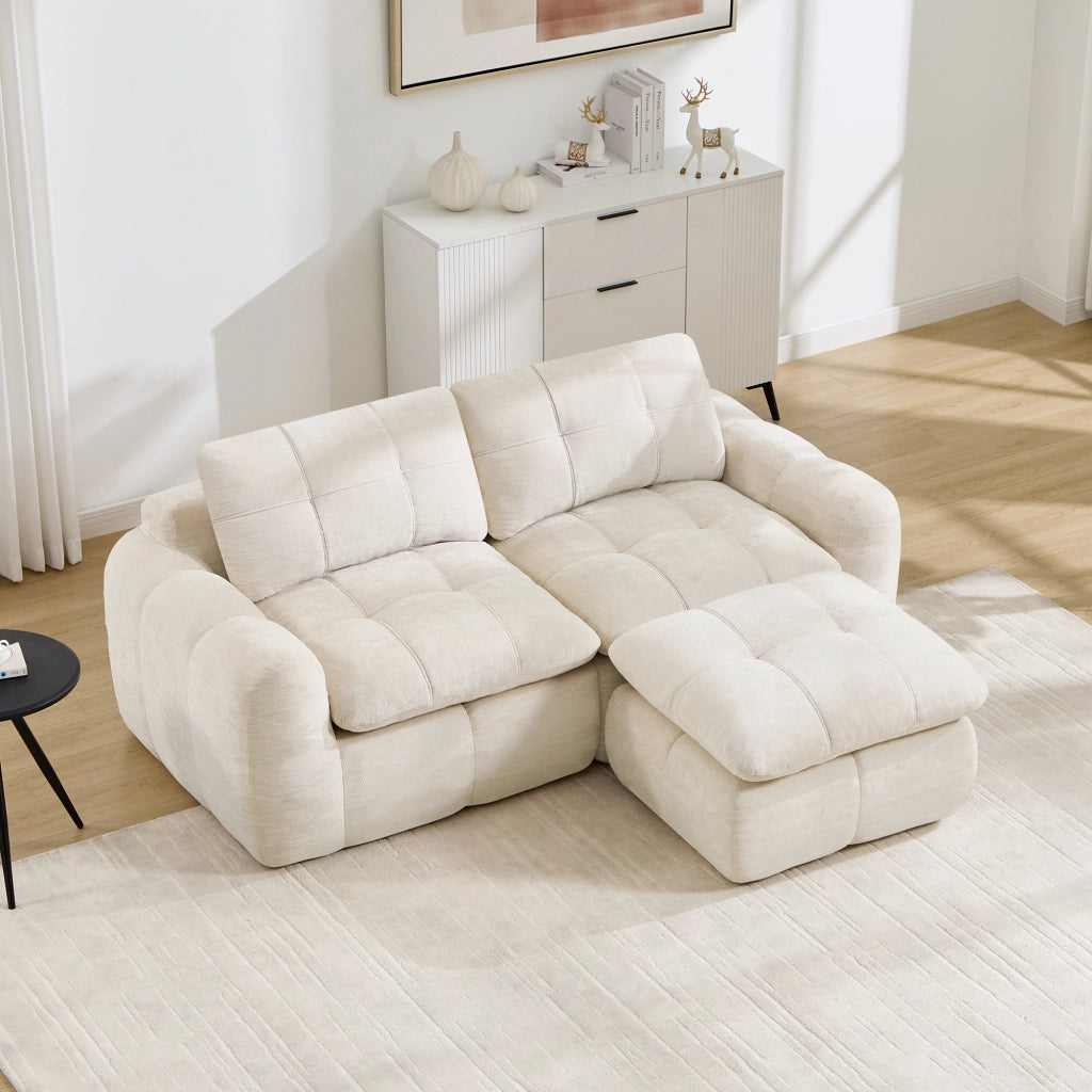 Divano modulare angolare 2 posti in chenille senza montaggio con pouf e seduta ergonomica per soggiorno beige
