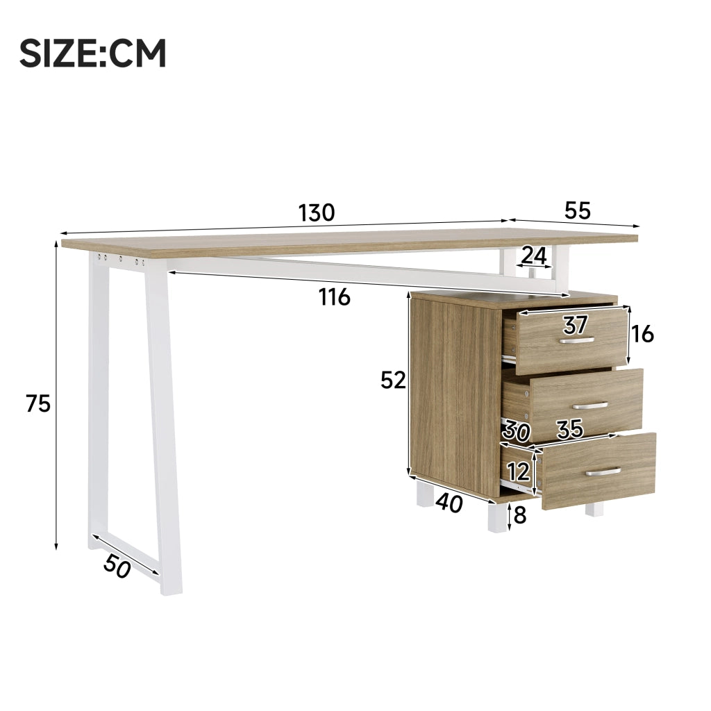 Scrivania lineare con 3 cassetti e ampio piano in MDF con struttura in acciaio bianco per studio naturale 130 × 55 × 75 cm