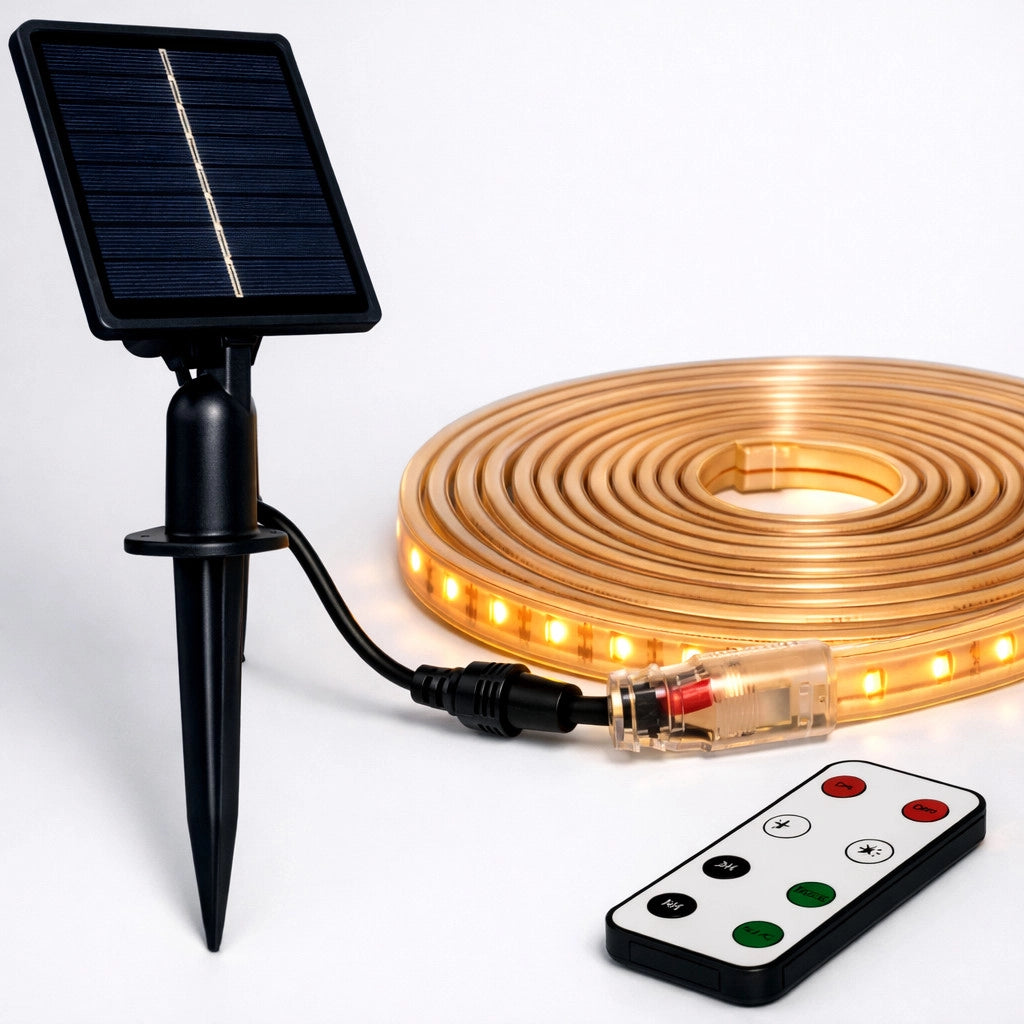 STRISCIA LED SOLARE 5 METRI TELECOMANDO BIANCO CALDO 3000K PER ESTERNO ET-31609