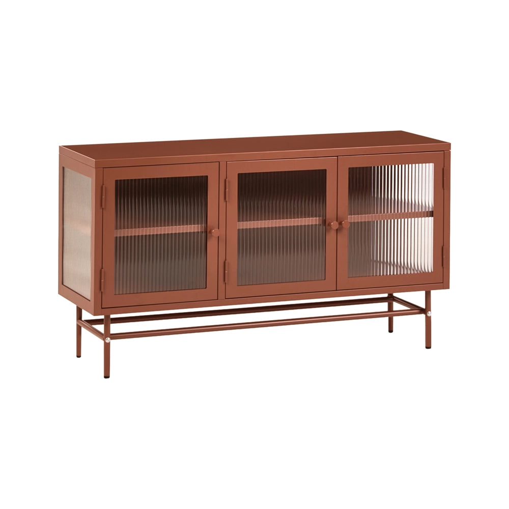 Credenza a 3 ante, acciaio color marrone dorato, vetro temperato scanalato, ripiani regolabili, coprigambe, mobili da soggiorno