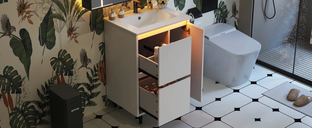 Mobile lavabo freestanding 61 x 46,5 x 87 cm con doppio cassetto, lavabo in ceramica integrato e finitura laccata bianca
