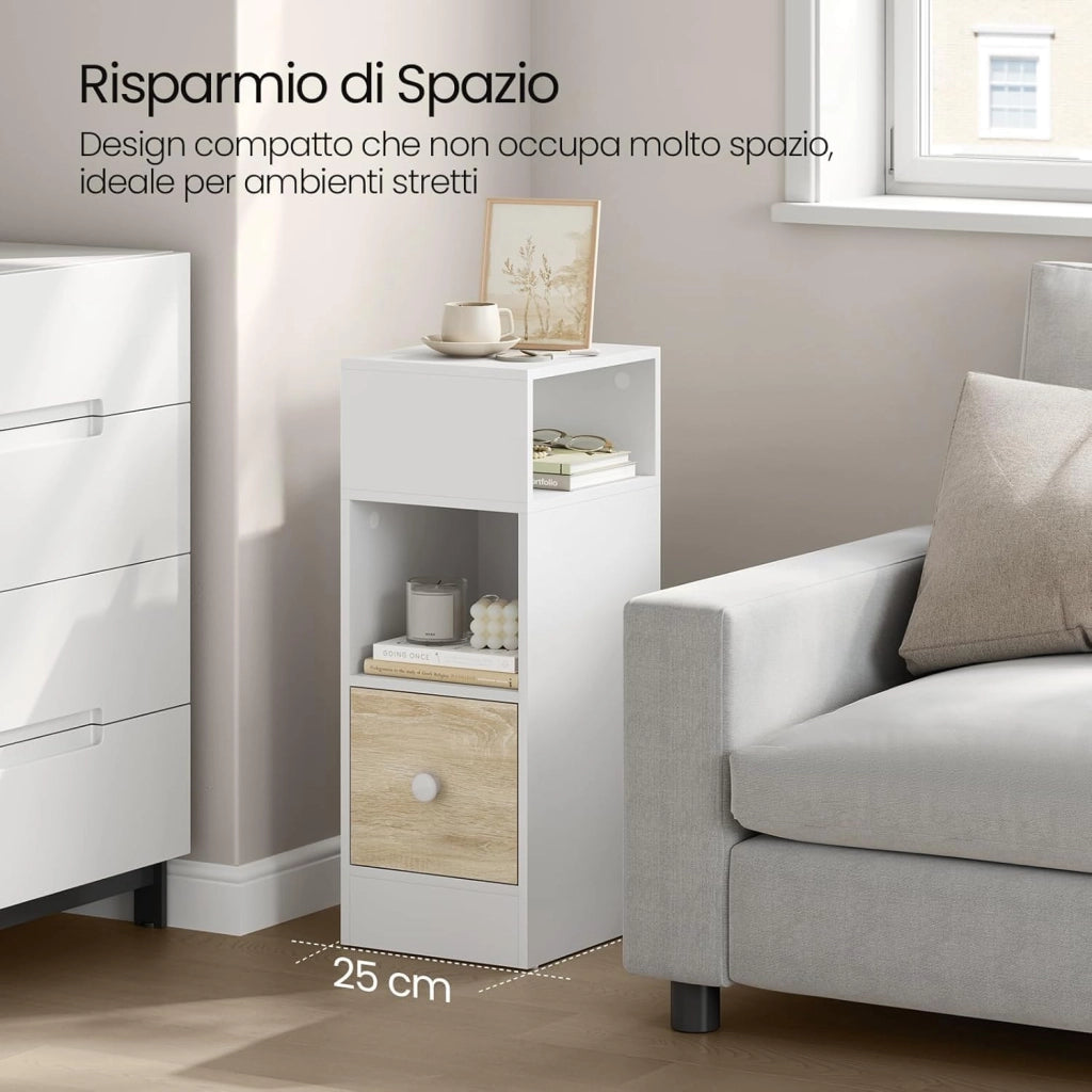 Set di 2 Comodino Stretto, Comodino con 2 Scomparti a Giorno e Cassetto, Tavolino da Notte 25x30x66cm, Mobile Salvaspazio per Camera da Letto, Soggiorno, in Truciolato, Rovere, 0011CTG-2