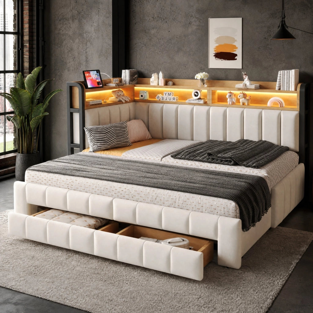 Divano letto imbottito 90x200 cm estensibile in 180x200 cm con contenitori, cassetti, LED e porte USB/Type-C, velluto beige