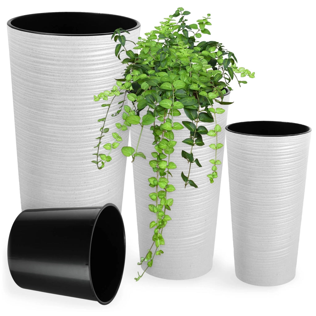 Set di 3 vasi da fiori KADAX, vasi da giardino + inserti, alti, grandi, bianchi, 37+47+57 cm