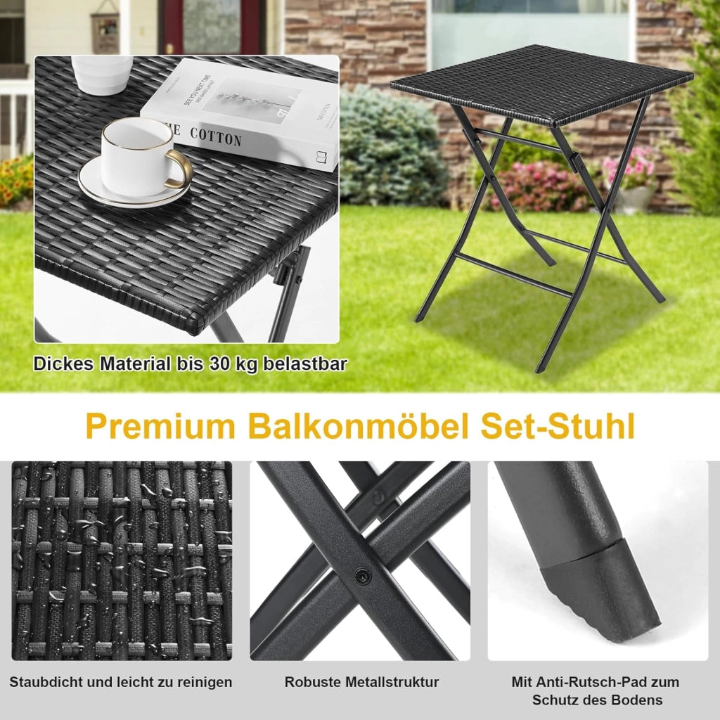 Set di Mobili da Balcone Pieghevole da 3 Pezzi, Mobili da Bistrot, Set Giardino in Rattan, 1 Tavolo e 2 Sedie, Sedia Pieghevole per Balcone, Giardino e Terrazza, Nero