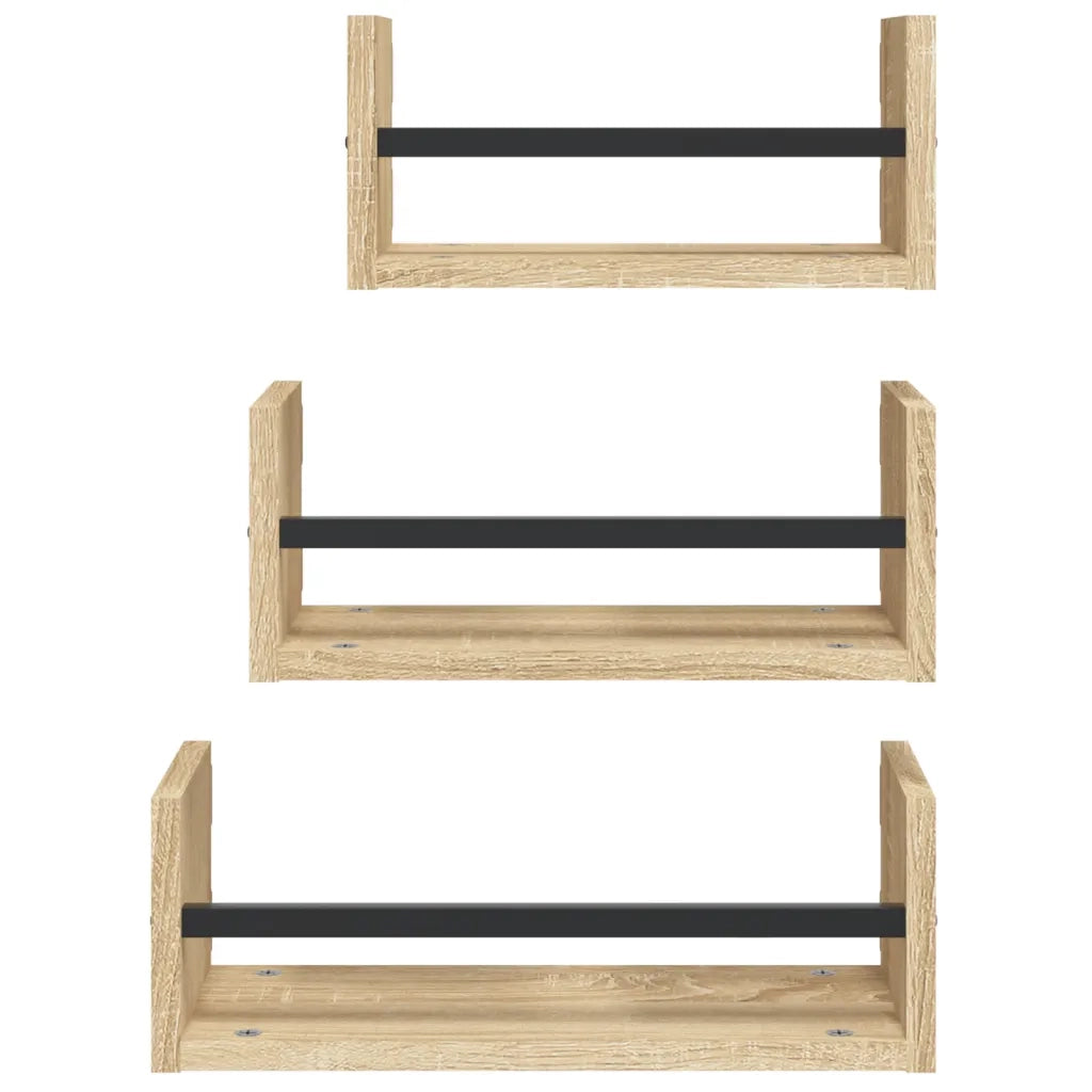Set di 3 mensole da parete con barre in rovere Sonoma, legno ingegnerizzato 835445