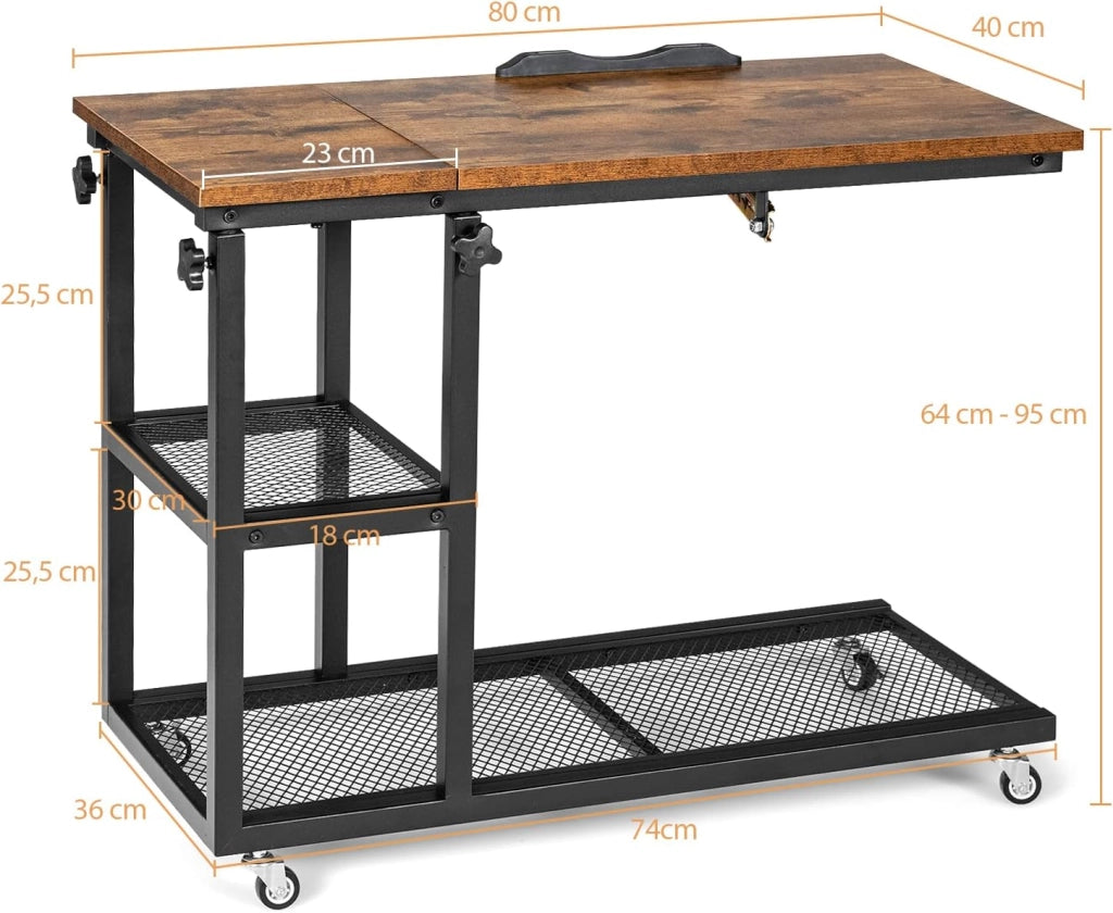 Tavolino Porta PC Regolabile in Altezza e Inclinazione, Tavolo Laterale per Letto e Divano con Ruote, Tavolino in Legno e Metallo per Salotto e Camera da letto, 80 x 40 x 64-95 cm (marrone)