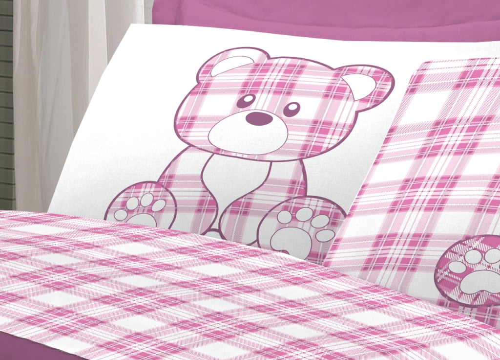 Completo Lenzuola Linea Pensieri Delicati 100% Cotone Orsetto Tartan Primavera - Piazza E Mezza - Rosa