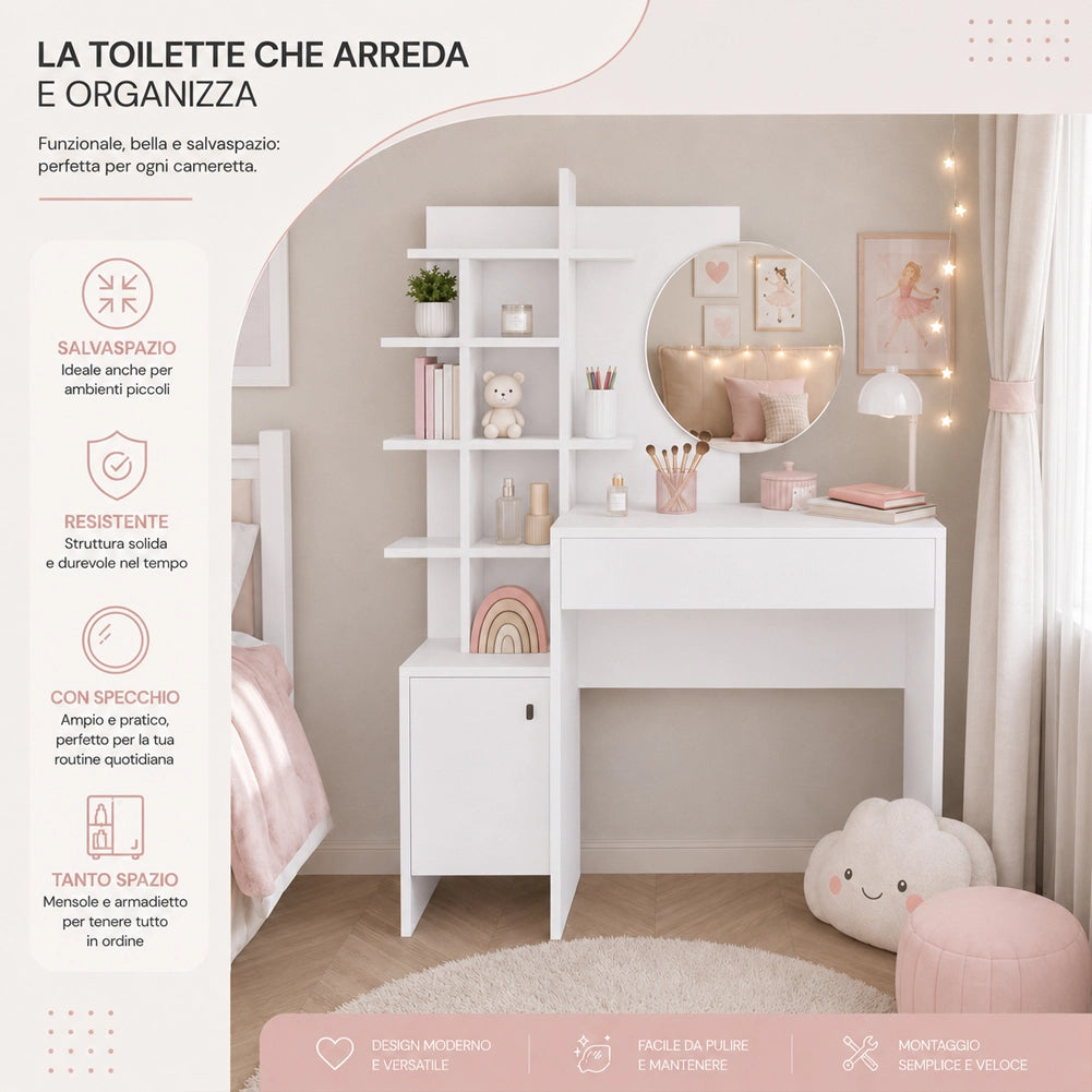 Postazione Make Up con Specchio Rotondo Bianco Tolette con Mensole 105x35x151 cm