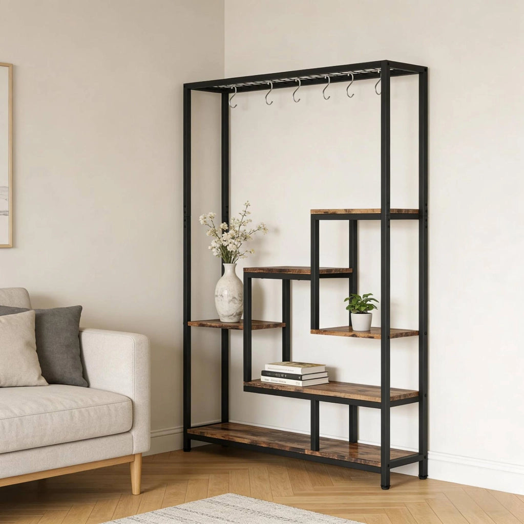 Scaffale per piante 100x30x180 cm metallo e legno nero marrone， 5 livelli， per interni