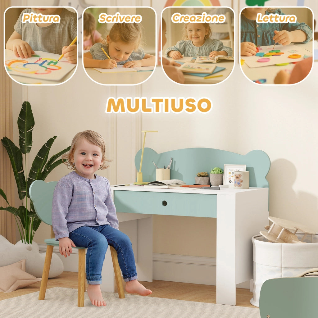 Banco Scuola con Sedia per Bambini Schienale a Orsetto Età 3-8 Anni in MDF e Legno Verde