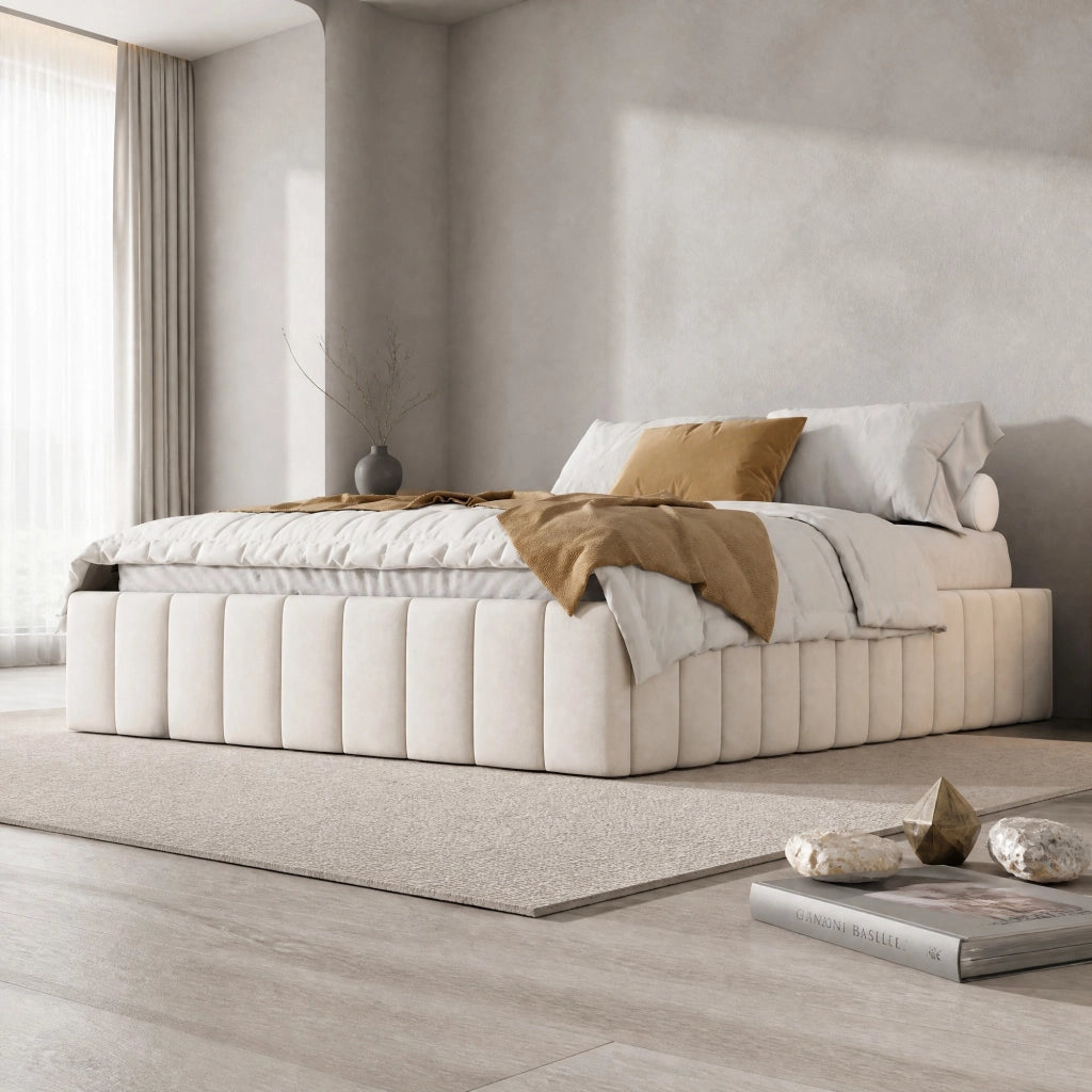 Letto imbottito 140x200 cm in velluto beige con 4 cassetti e rete a doghe