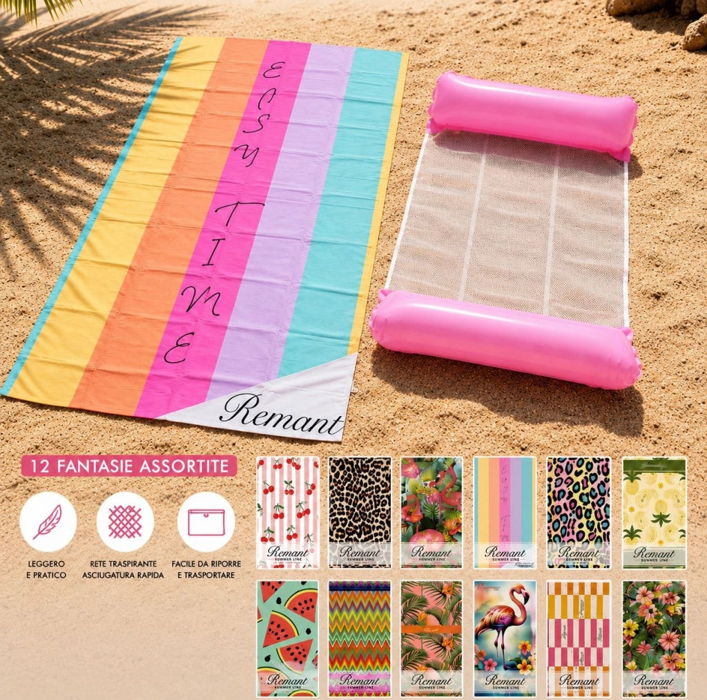 Set Telo Mare in Microfibra 90x170 cm con Amaca Gonfiabile 65x120 cm – Asciugatura Rapida, Leggero e Compatto – Fantasie - IDEA REGALO Assortite