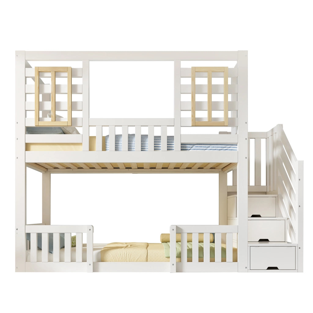 Letto a castello con scala contenitore in legno bianco 90x200 cm
