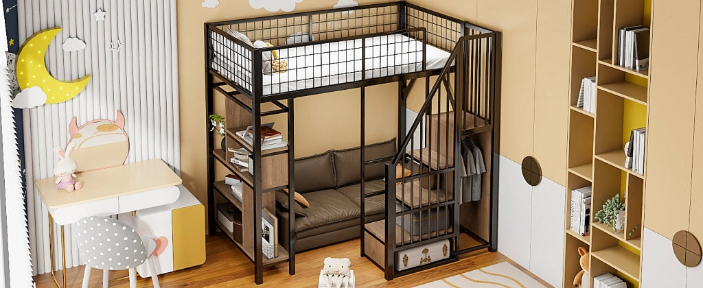 Letto a castello nero in metallo e legno con funzione contenitore 90x200 cm