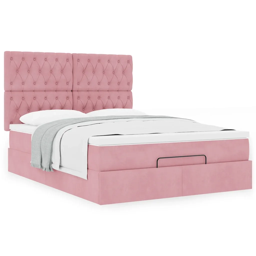 Struttura Letto Pouf con Materassi Rosa 140x200 cm in Velluto 3313552