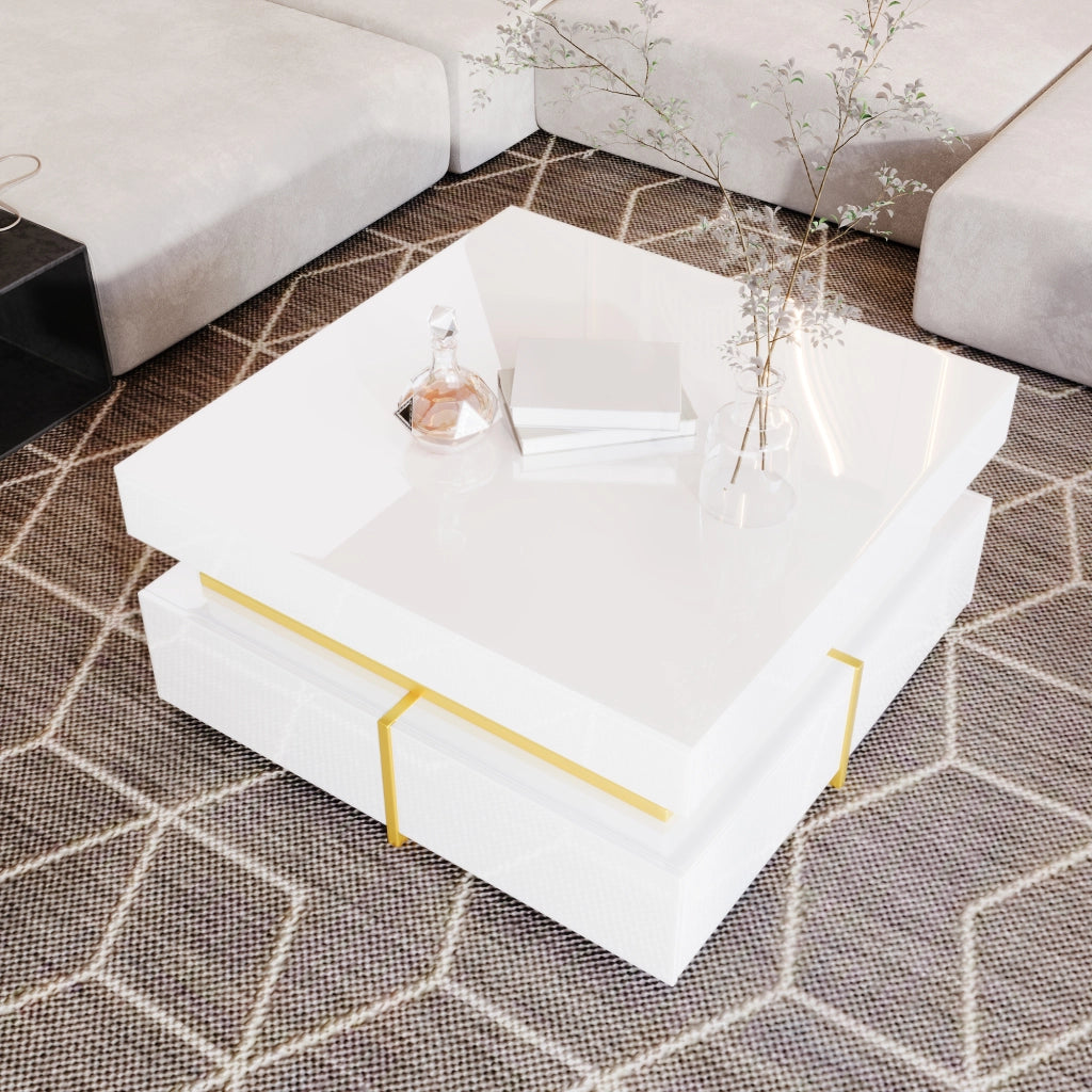 TAVOLINO DA SALOTTO 70x70x35,5 cm Bianco Lucido con 2 cassetti e dettagli oro