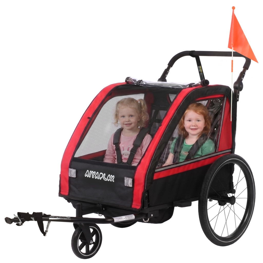 Rimorchio bici per bambini 2 in 1 ¨C Xylo ¨C passeggino 2 posti con freno a mano, rosso