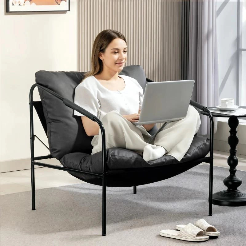 POLTRONA DA SALOTTO IN PELLE PU E TELAIO IN METALLO CON CUSCINI SPESSI, 74.5X75X77 CM, GRIGIO CARBONE