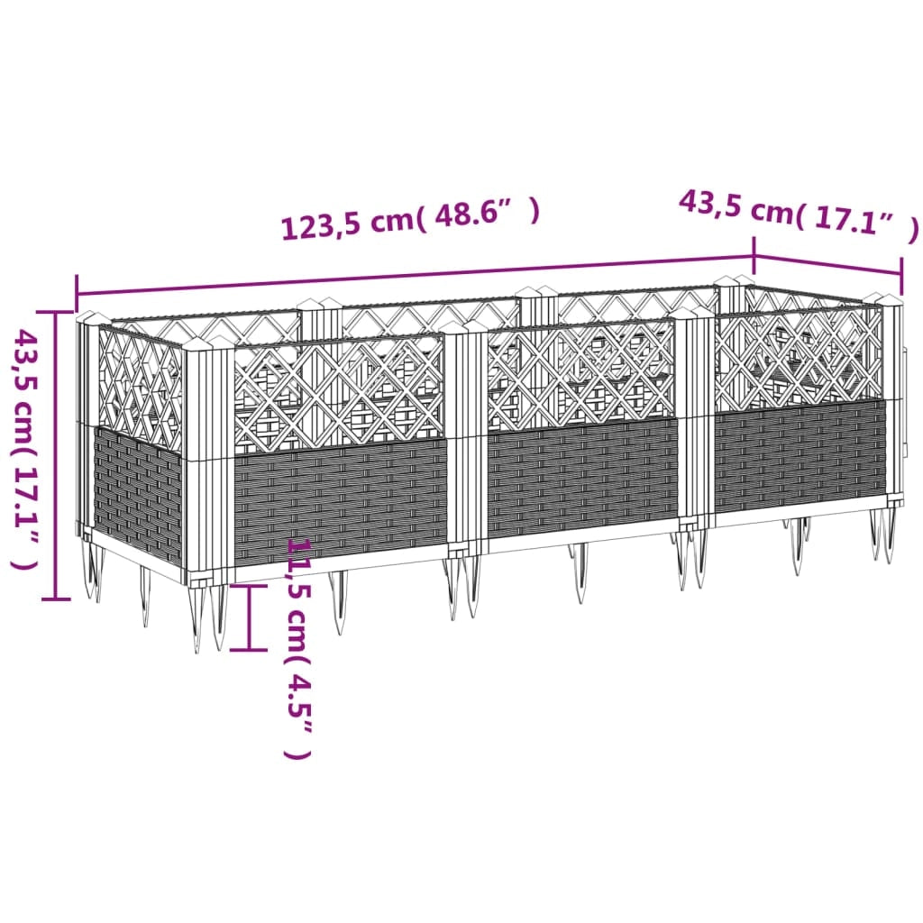 Fioriera rialzata per piante fiori patio giardino con picchetti 123,5 x 43,5 x 43,5 cm PP marrone 02_0038183
