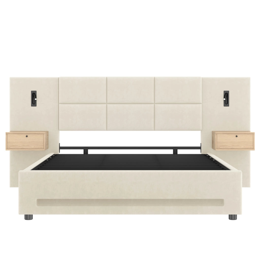 Letto Contenitore 180x200 cm; Matrimoniale con Cassetti; USB Type-C e LED in Velluto Beige