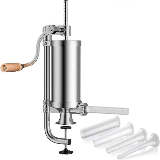 Worstschuiver manuale da 2,5 LB, macchina per salsiccia verticale in acciaio inossidabile con manubrio e morsetto di tavolo, 4 tubi di carico, salsicciatrice per uso commerciale e domestico
