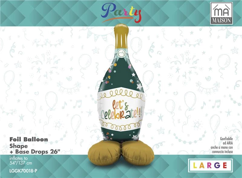 MA MAISON MYLAR PALLONCINO "XL CELEBRATE BOTTLE" + BASE 137X54 CM CANNUCCIA INCLUSA