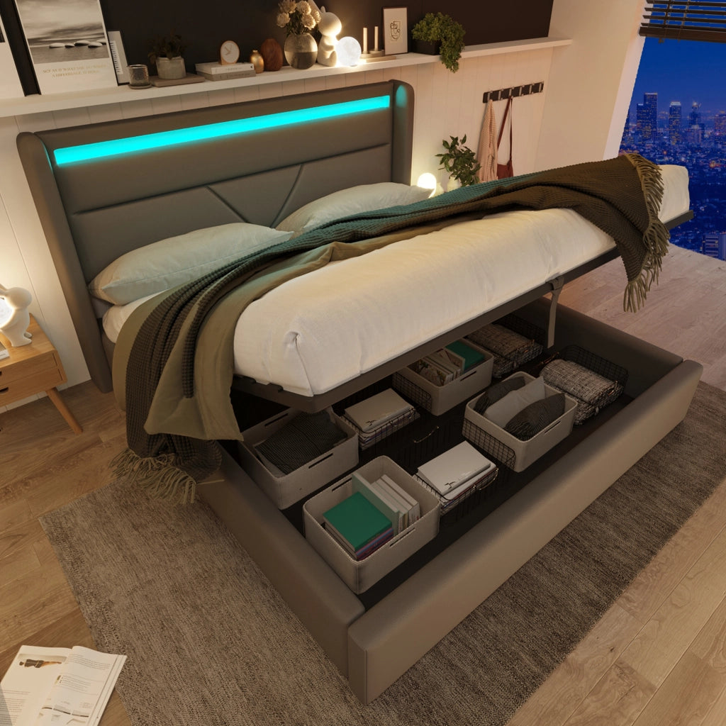 Letto contenitore idraulico – 140x200 cm – LED telecomando – velluto grigio
