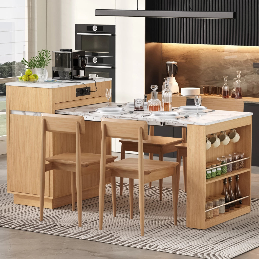 Tavolo da pranzo con 4 cassetti; vani e LED per cucina e soggiorno in MDF naturale