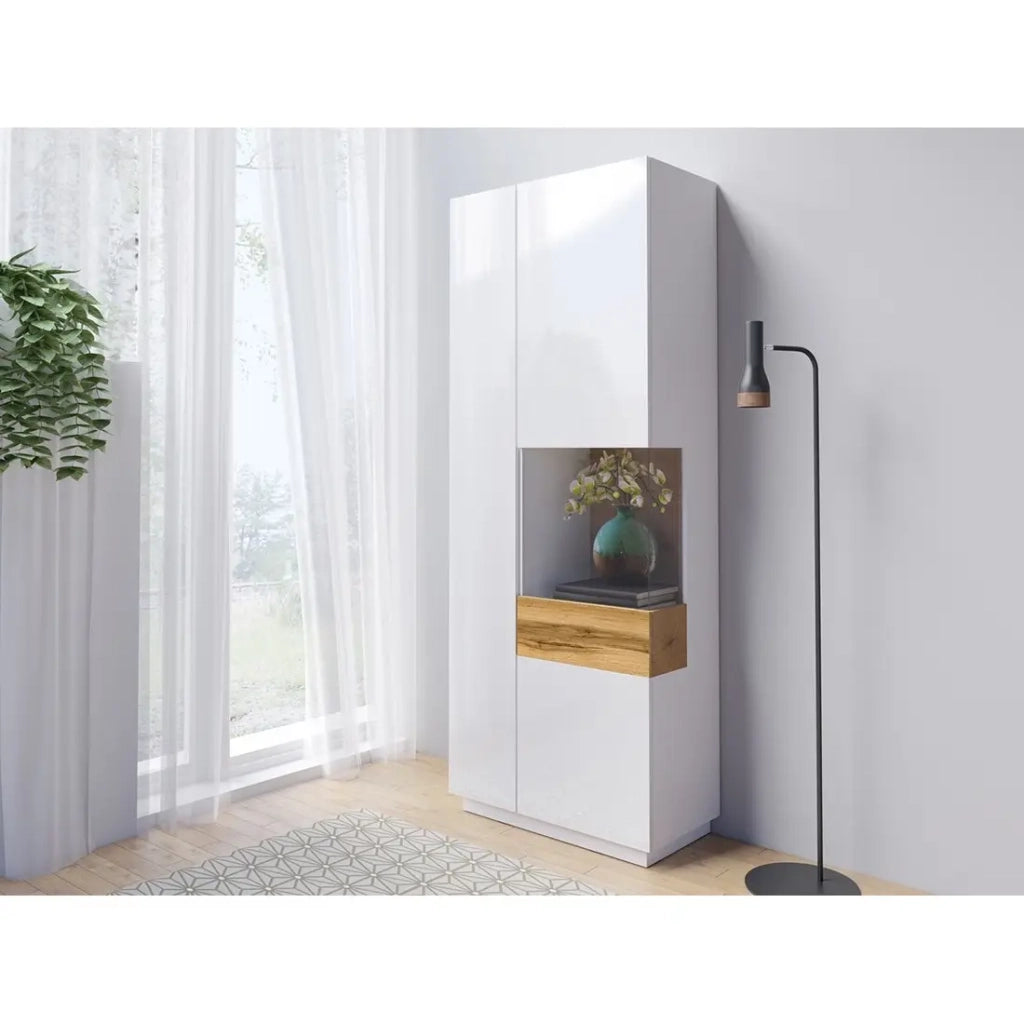 Vetrina, libreria, credenza KILES colore bianco e rovere. Modello vetrina destra. LED integrato.