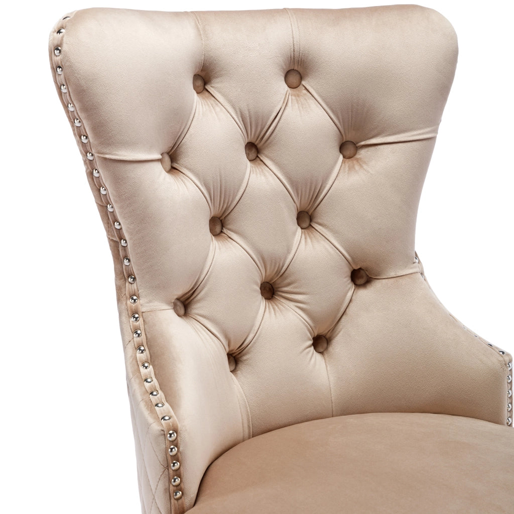 Sedia da pranzo con seduta imbottita, schienale quadrato e gambe in metallo, in velluto, Beige