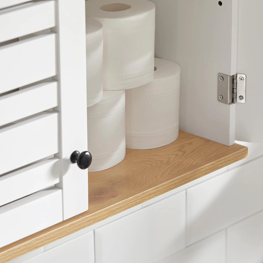 Pensile da Bagno – Mobile da Bagno Sospeso – Armadietto a Muro Stretto con Ante a Persiana e Ripiani Regolabili, per Cucina e Corridoio, in Legno, Bianco, 60x56x19cm, BZR42-W