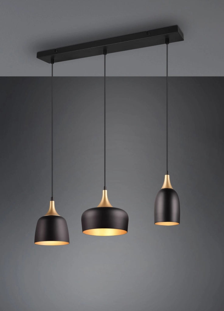 CHIRAZ SOSPENSIONE 3 DIFFUSORI METALLO FORME DIFFERENTI NERO E ORO L. 63CM 3 LUCI ATTACCO E14