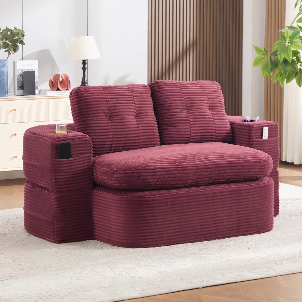 Poltrona letto 2 in 1 in velluto a coste rosso vino con portabevande