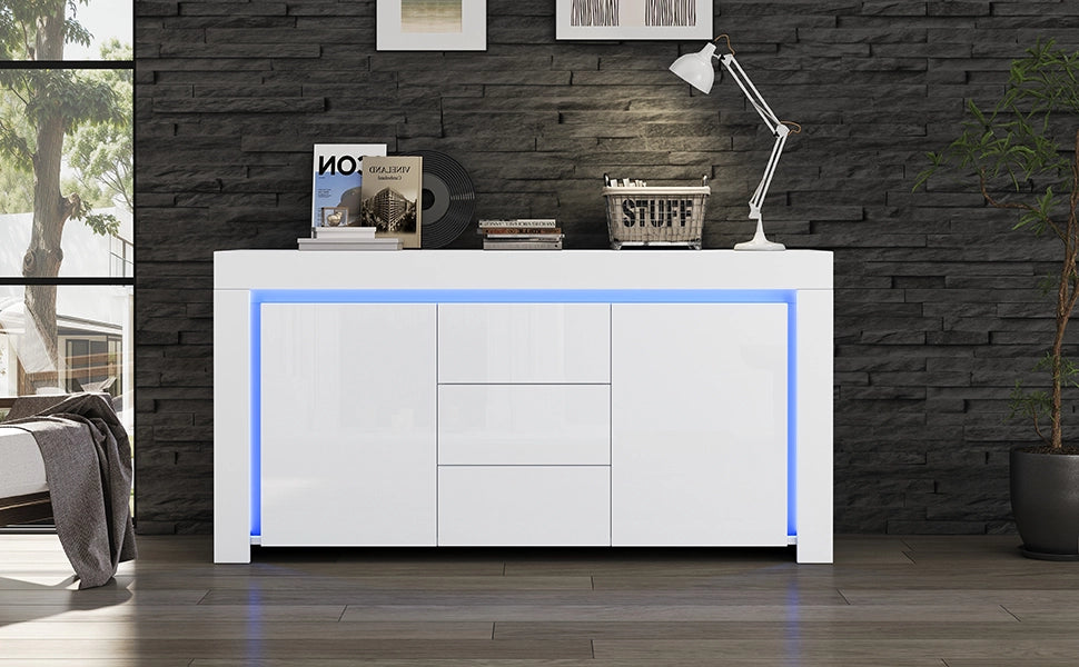 Credenza Moderna Bianca Mobile Soggiorno 140 cm con LED 2 Ante 3 Cassetti