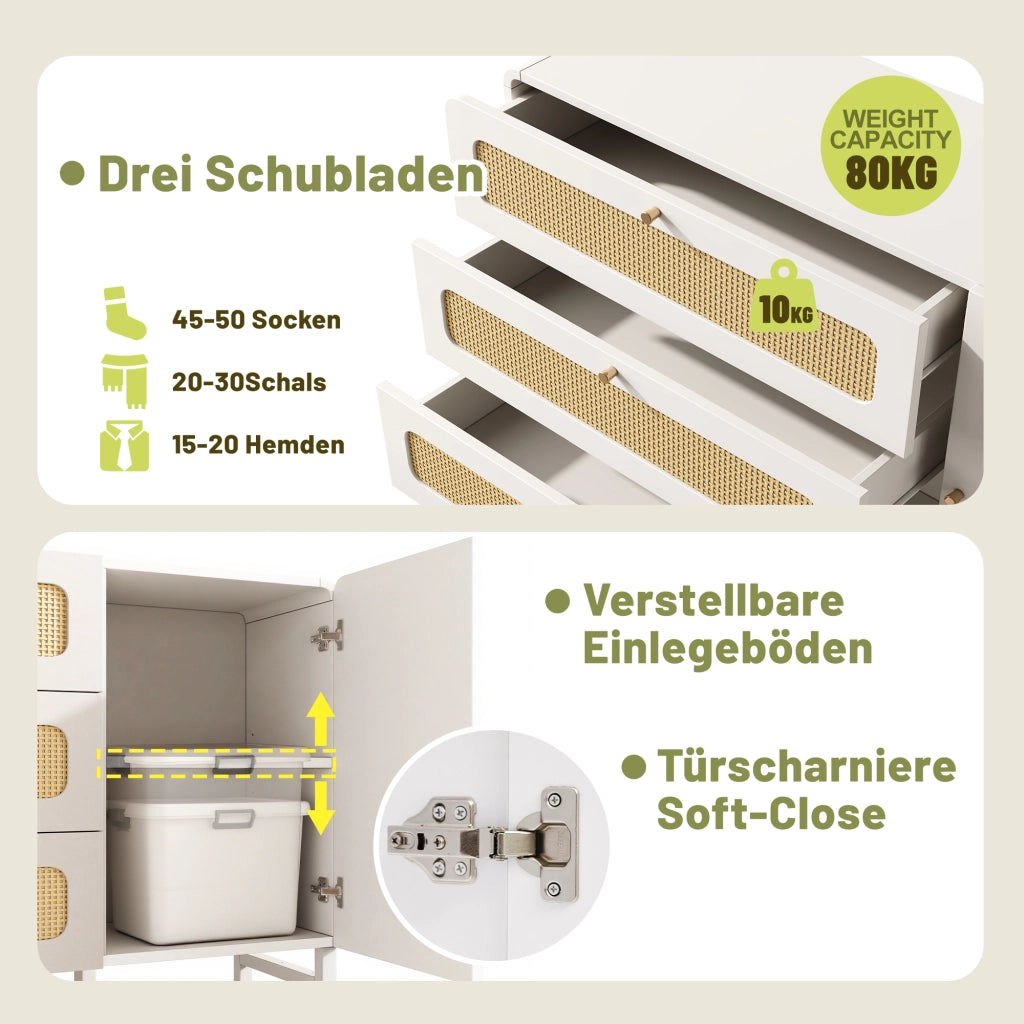 Credenza con 3 cassetti e anta con ripiani regolabili in MDF e metallo bianco 120 × 40 × 85 cm