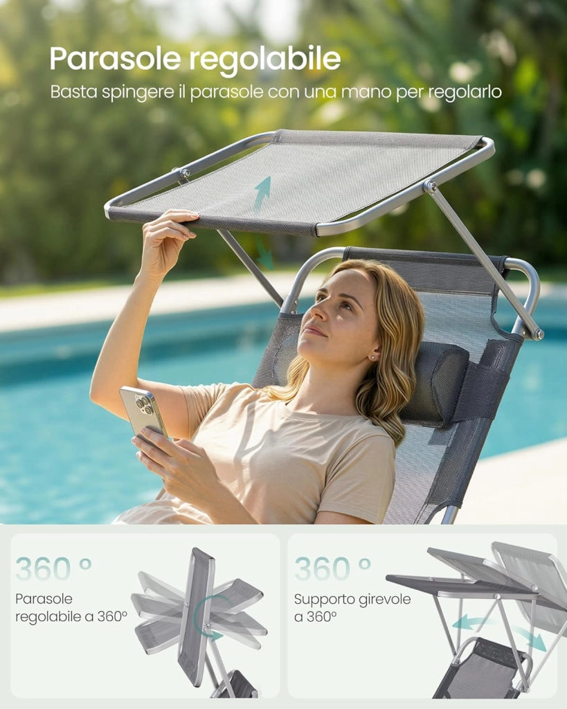 SONGMICS Set da 2 Sedie a Sdraio Pieghevoli, 189 x 53 x 28,5 cm, con Cusicni, Lettini Prendisole, Portata 110 kg Ciascuno, Parasole e Schienale Regolabili, per Terrazza e Balcone, Grigio GCB292GZ02