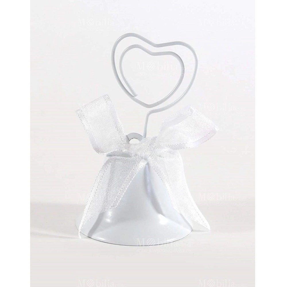 Trade Shop - Set 6pz Campanelle Segnaposto Cuore Clip Nastrino Bianco Segnatavola Bomboniera Wedding -