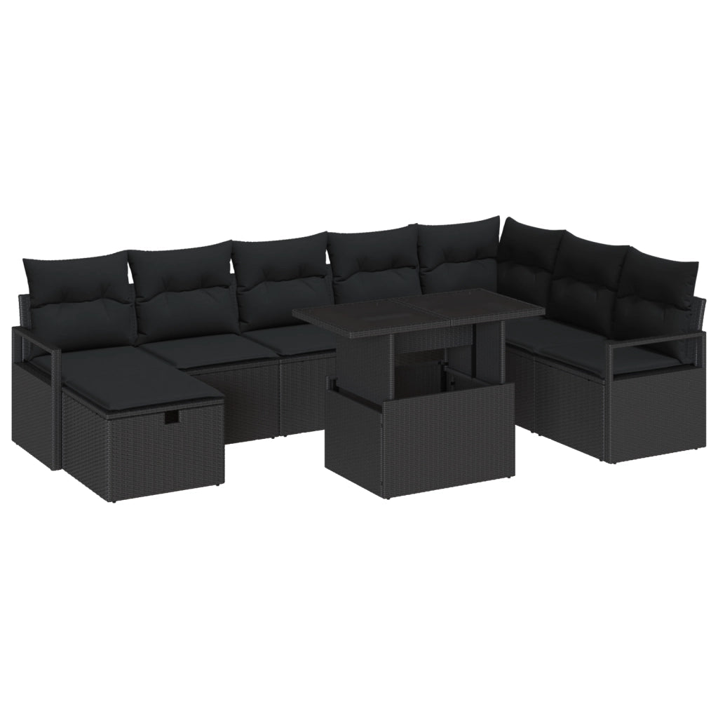 Set Divano da Giardino da 9 Pezzi con Cuscini Rattan Nero Polyrattan