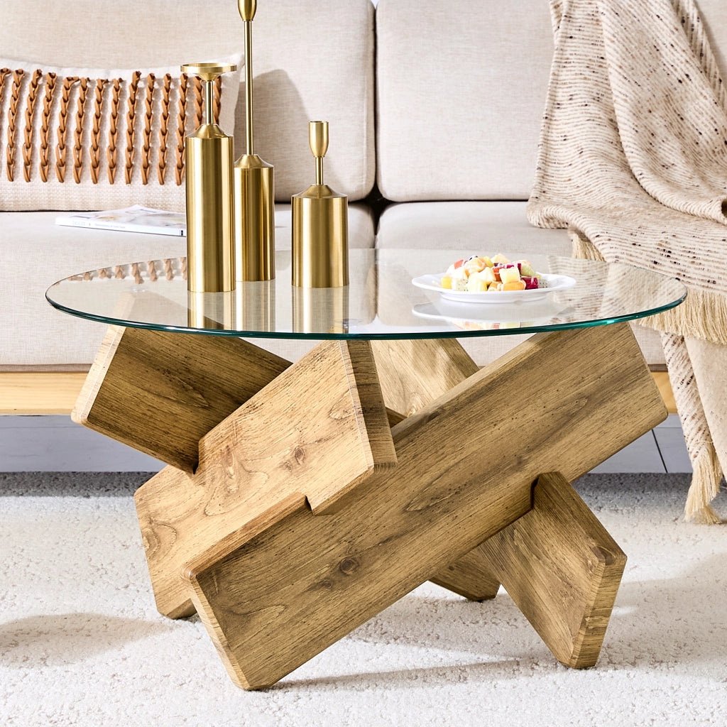 Tavolino da caffè rotondo con base a croce - per soggiorno - in MDF e vetro - 79×45 cm - trasparente e legno