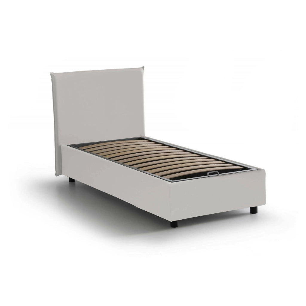 Letto singolo UmmHakim, Letto contenitore con rivestimento in ecopelle, Made in Italy, Apertura frontale, adatto per materasso cm 90x190, Bianco