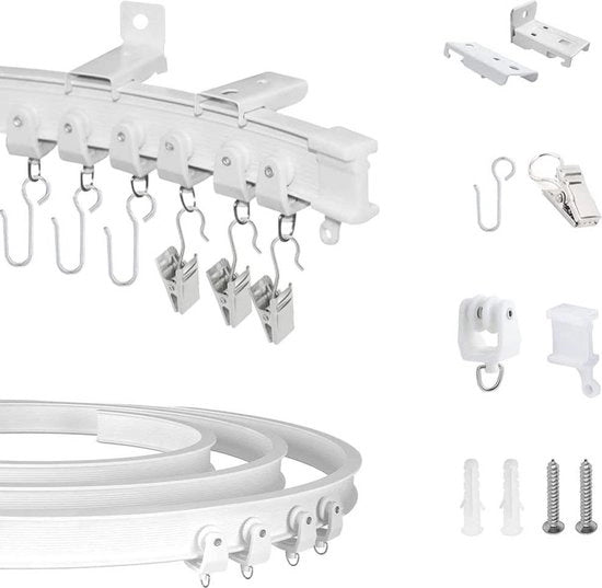 Rail per tenda pieghevole - 3M di lunghezza - Rail flessibile per montaggio a soffitto e parete - 40 rotelle, 18 fermagli, 40 ganci e clip, 4 chiusure per cavo del tirante per tenda