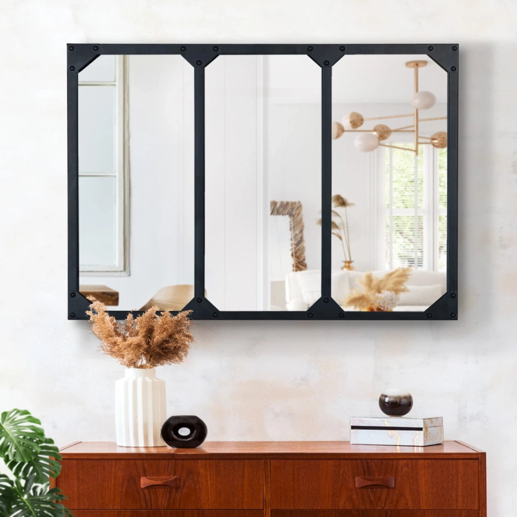 IDMarket - Specchio in vetro a 3 strisce di design industriale 80x60 cm