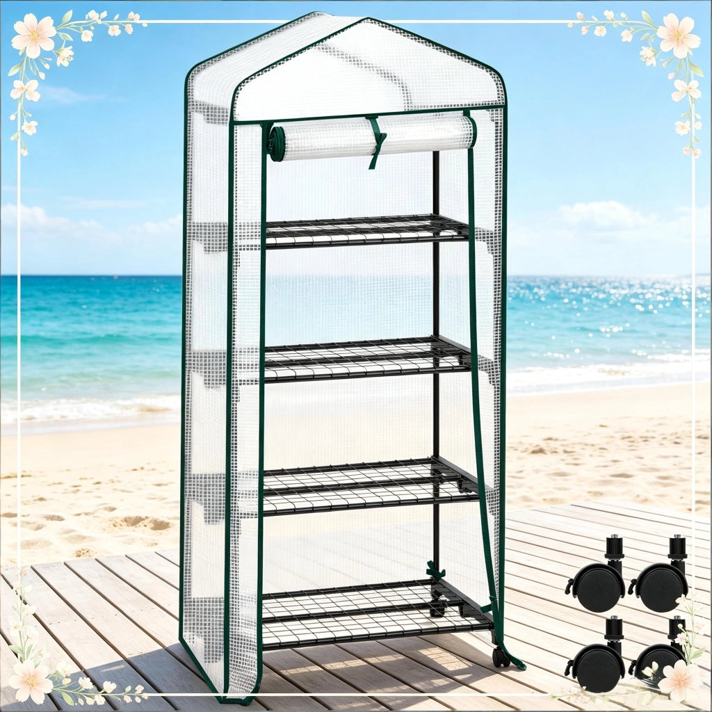 Serra a tunnel con ruote e 4 ripiani in rete, telo in PE 140 g/m², per balcone e terrazzo, bianca 70 × 50 × 163 cm