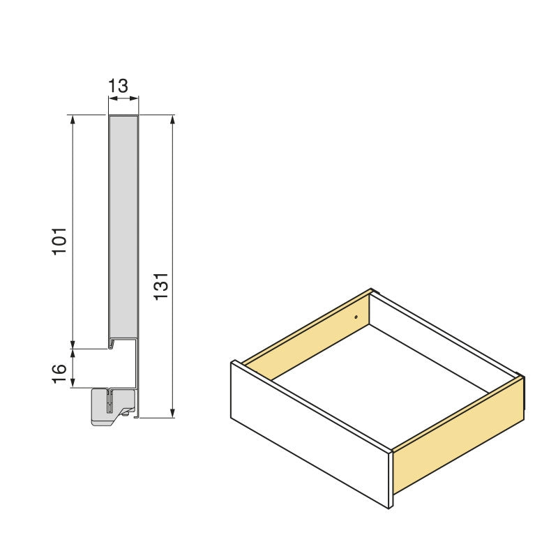 Cassetto esterno Vertex con regolazione 3D altezza 178mm, 40kg, spessore del pannello di 18mm, profondità 350mm, Acciaio