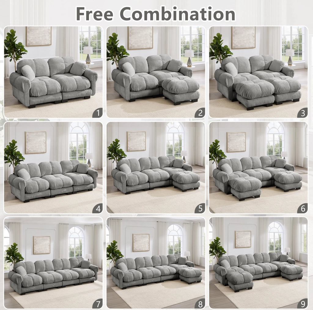 Divano a 3 posti a forma di U in tessuto Chenille grigio chiaro con ottomana mobile e 2 cuscini decorativi