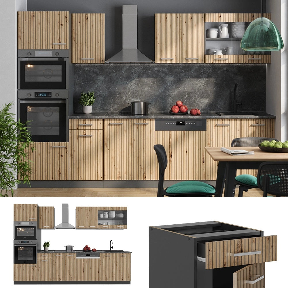 Cucina componibile R-Line Rovere artigianale/Antracite 300 cm con armadio alto, PL Antracite Vicco
